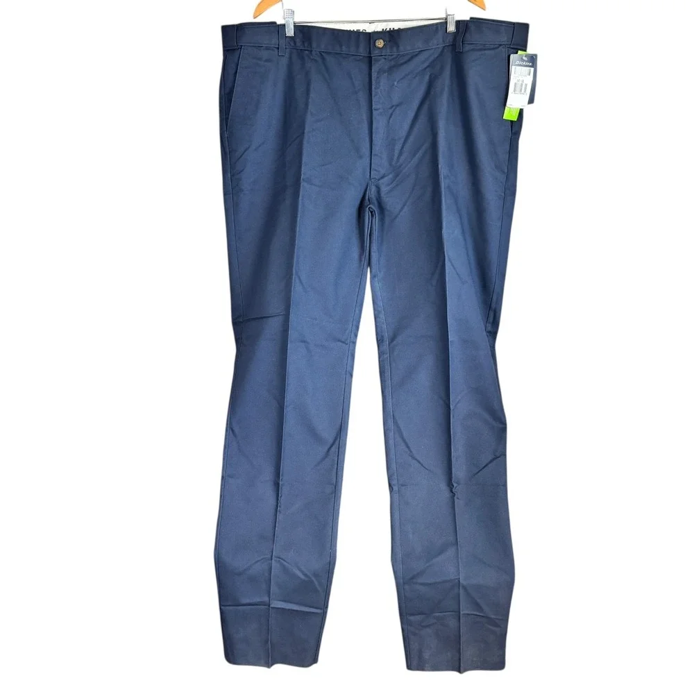 NEW Dickes Khaki Pants Chino Relaxed Fit‎ Tapered Leg Mens 50 Unhemmed Navy Blue